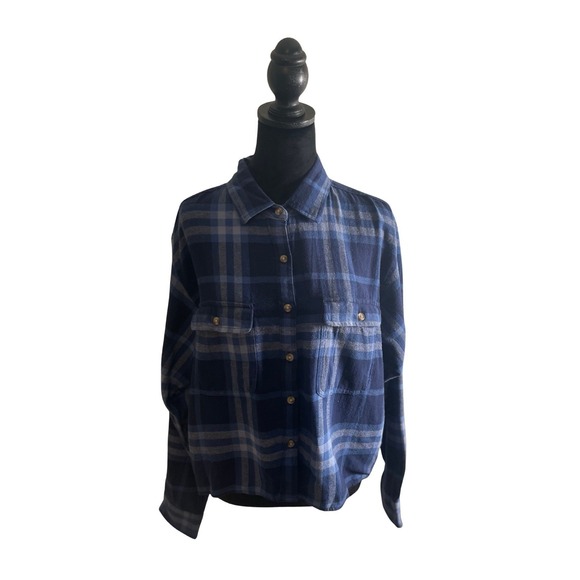 Lucky Brand Flannel Shirt Women's Medium Cozy Blue Plaid Long Sleeve Button Down - Picture 1 of 8